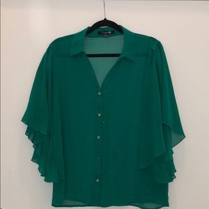 EUC Sheer Emerald Green Blouse w/ Flutter Sleeves